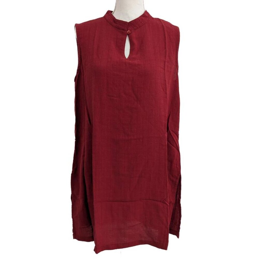 Eileen Fisher Red Sleeveless Linen-Blend Tunic with Mandarin Collar